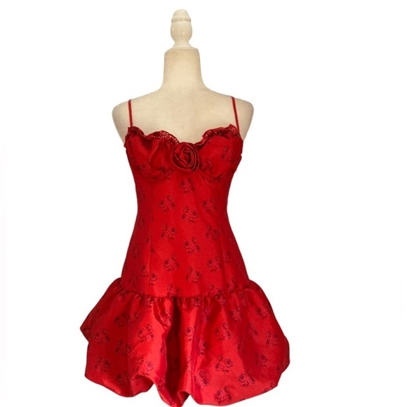 For Love & Lemons Annika Mini Dress NWOT Red Corset Bodice Bubble Hem - Picture 3 of 14
